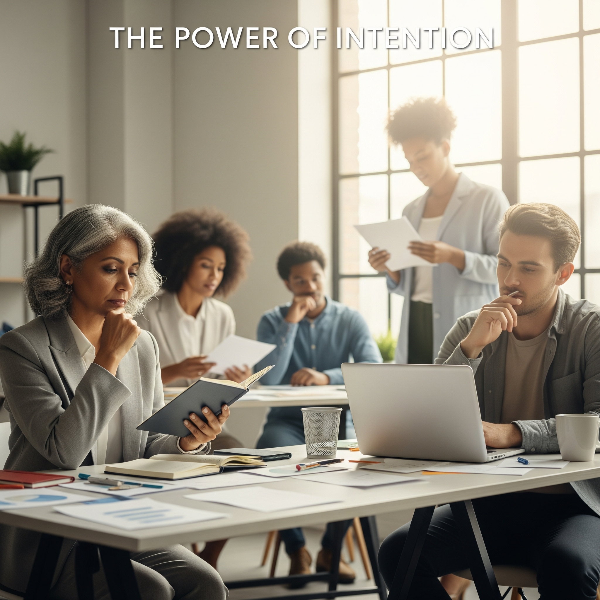 Showing men and women sitting at a table looking purposefully at documents