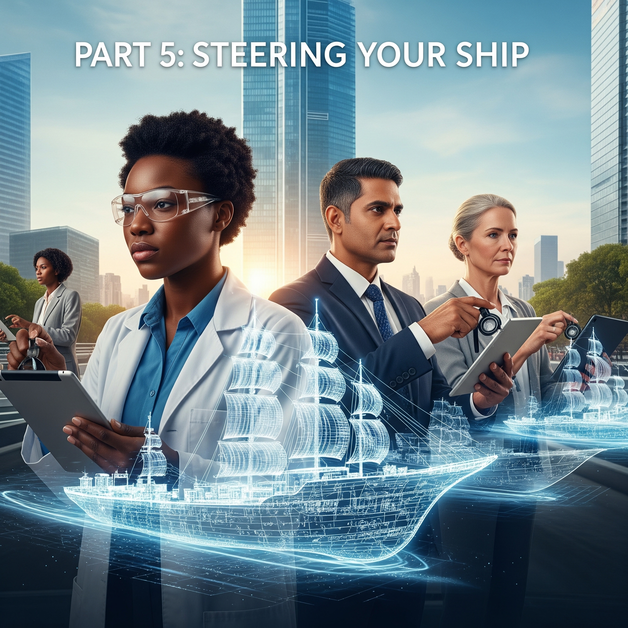 Showing men and women STANDING IN A BUSINESS DISTRICT WITH TOOLS STEERING VIRTUAL SHIPS IN TEH FOREGROWND Showing men and women STANDING IN A BUSINESS DISTRICT WITH TOOLS STEERING VIRTUAL SHIPS IN TEH FOREGROWND