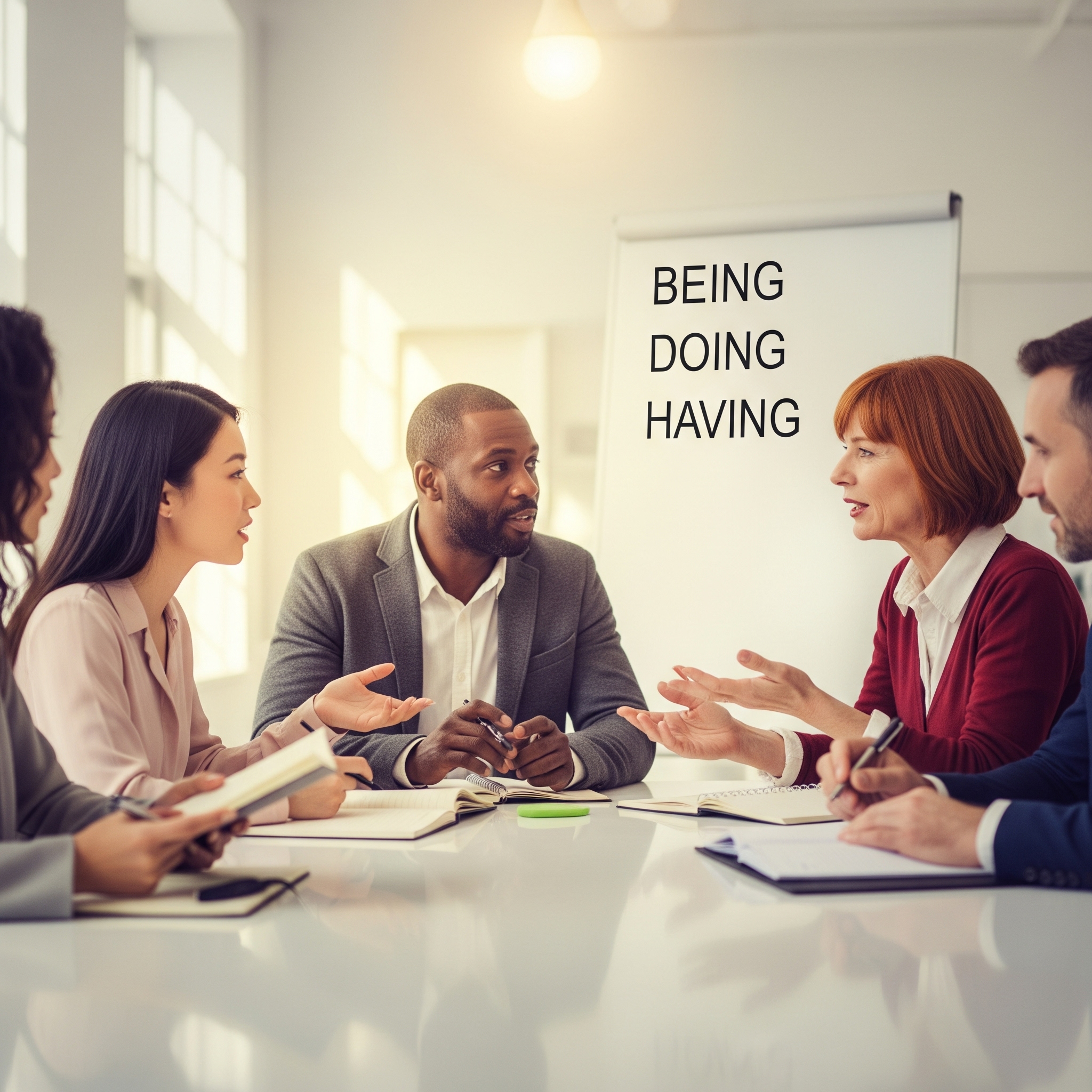 Showing men and women sitting at a table with books, in an active discussion that demonstrates the "Being, Doing, Having" Framework - Building a Foundation for Success.