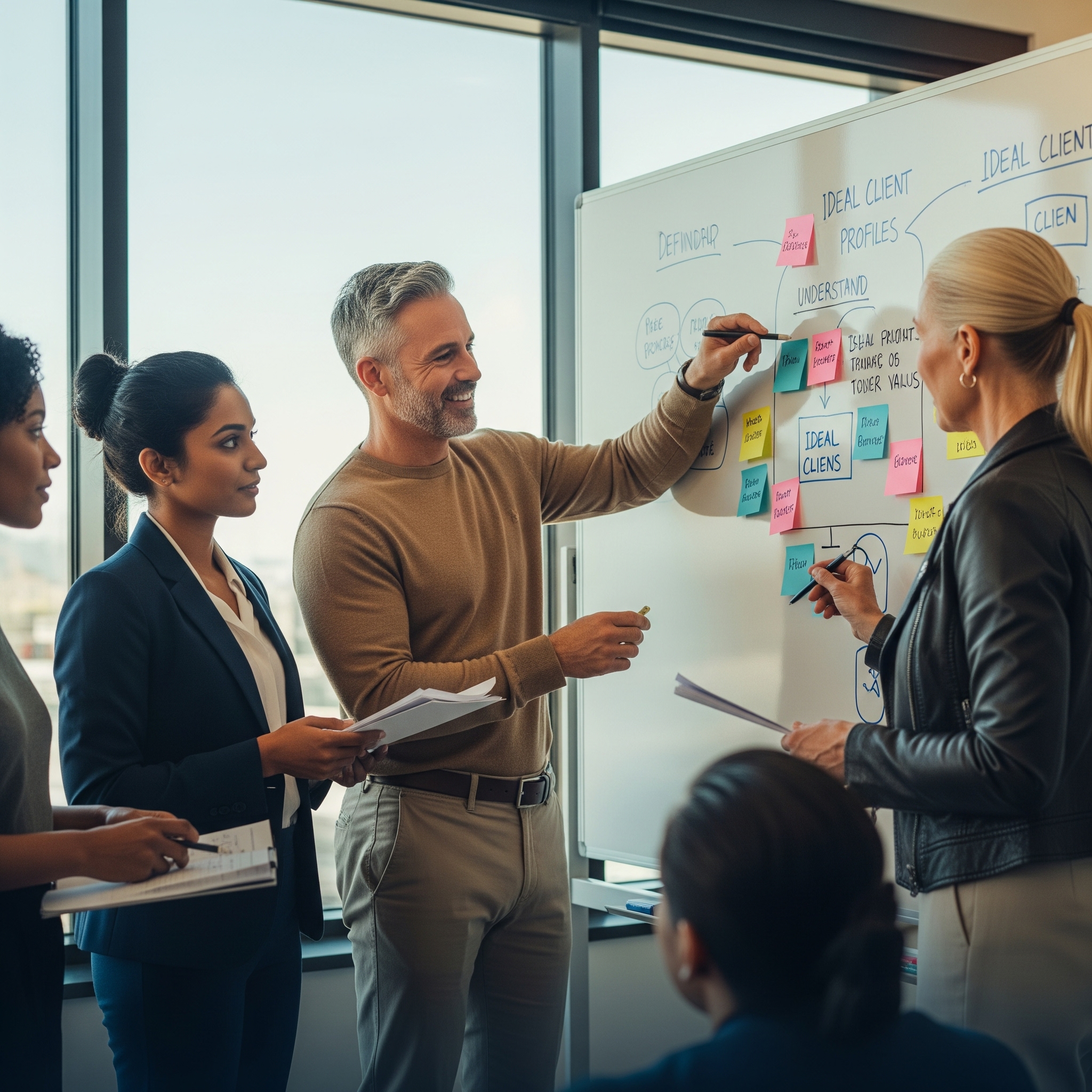 men and women standing before a whiteboard showing a process flow using words, sticky notes and flow charts indicating a process for defining 'an ideal client' men and women standing before a whiteboard showing a process flow using words, sticky notes and flow charts indicating a process for defining 'an ideal client'