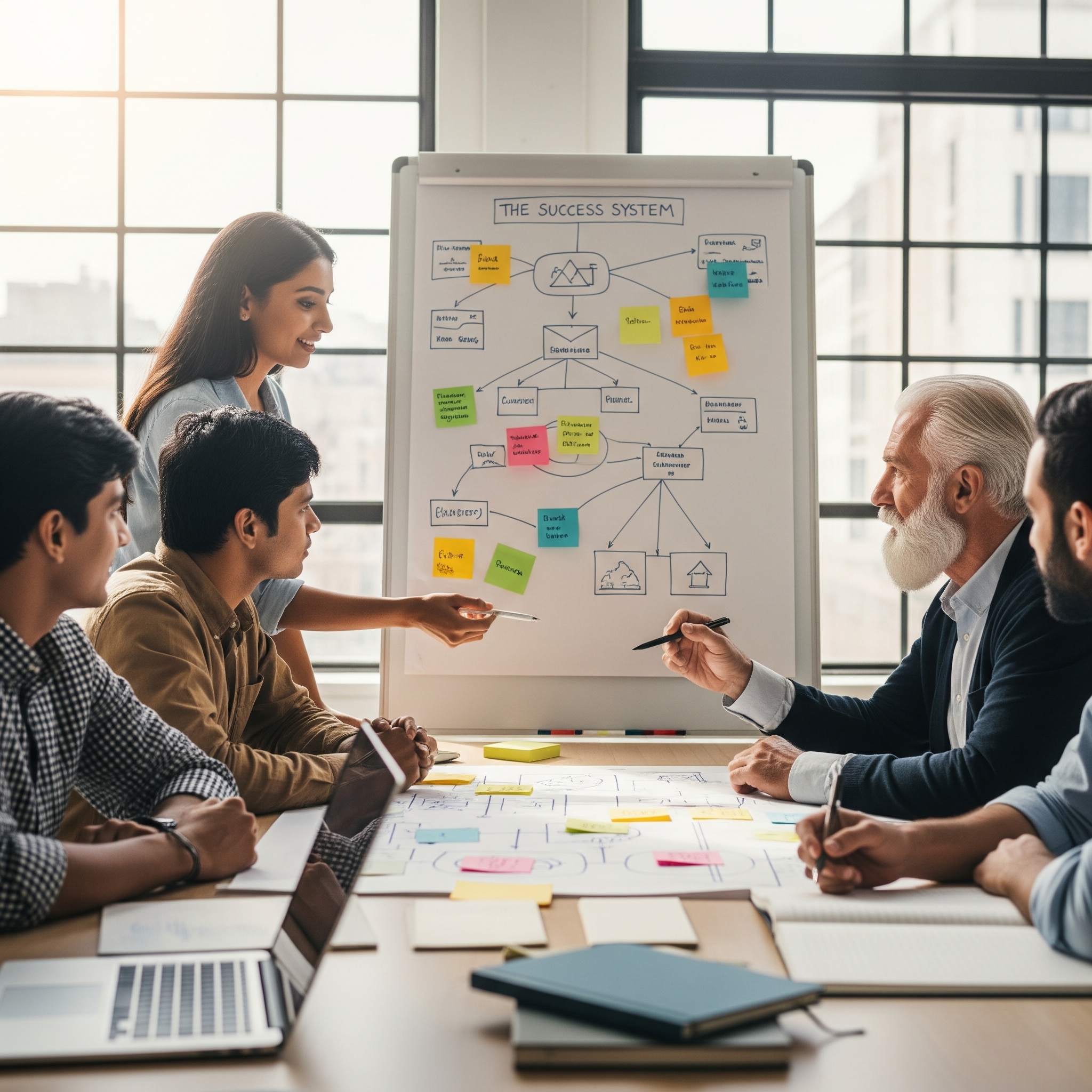 Collaborative brainstorming session illustrating "The Success System" framework for goal achievement. Collaborative brainstorming session illustrating "The Success System" framework for goal achievement.