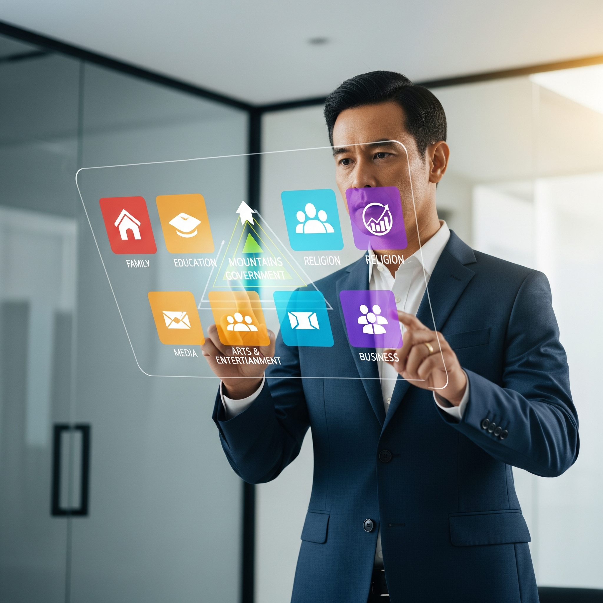 Image that that describes 'Beyond the Grind - Discovering Your Professional Purpose' that shows a person in a business suit checking a virtual screen with different icons representing the 7 mountains of the market place, showing an Asian business man looking at Image that that describes 'Beyond the Grind - Discovering Your Professional Purpose' that shows a person in a business suit checking a virtual screen with different icons representing the 7 mountains of the market place, showing an Asian business man looking at