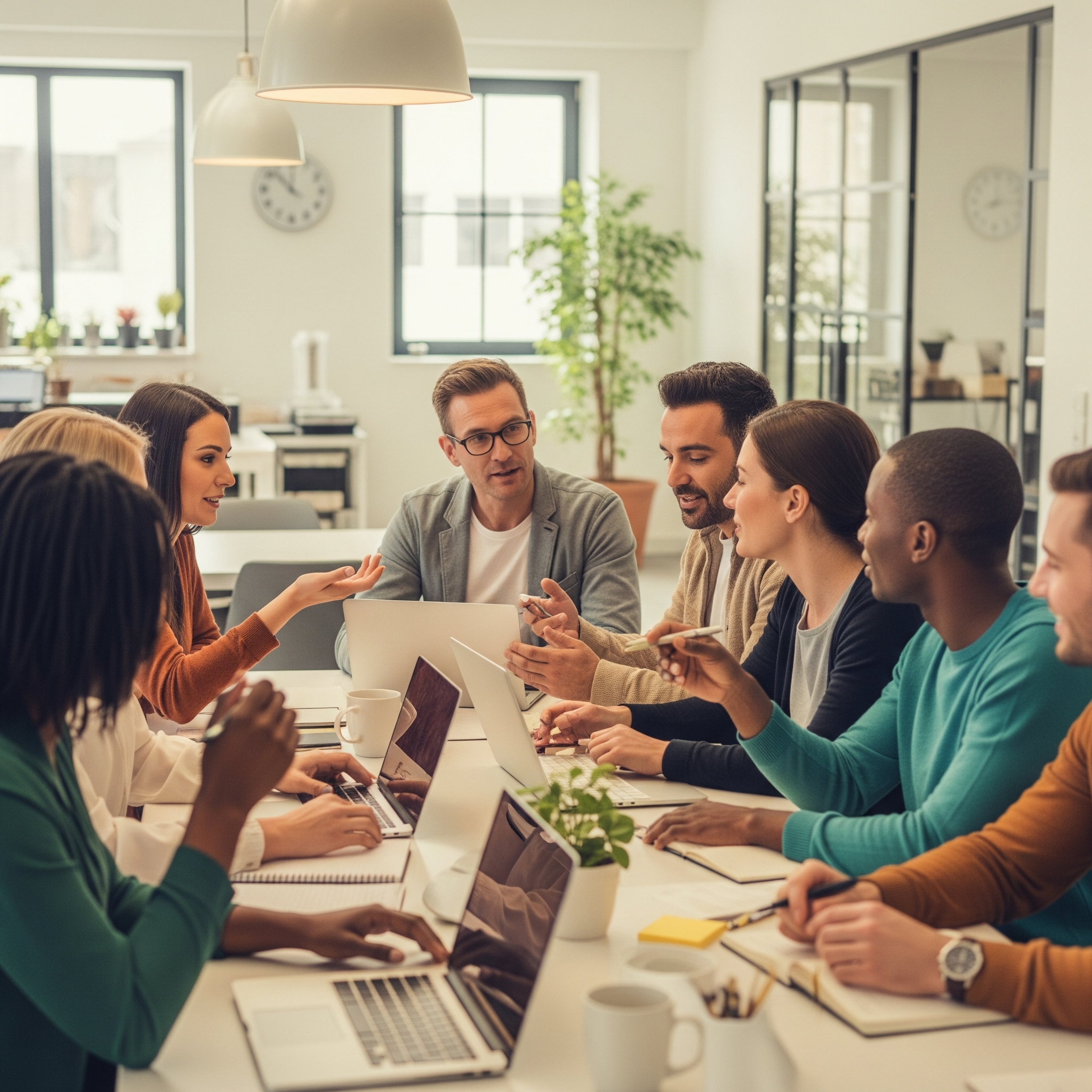 Showing men and women around a table in deep conversations representing The Power of Masterminds - Collective Wisdom for Career Growth Showing men and women around a table in deep conversations representing The Power of Masterminds - Collective Wisdom for Career Growth