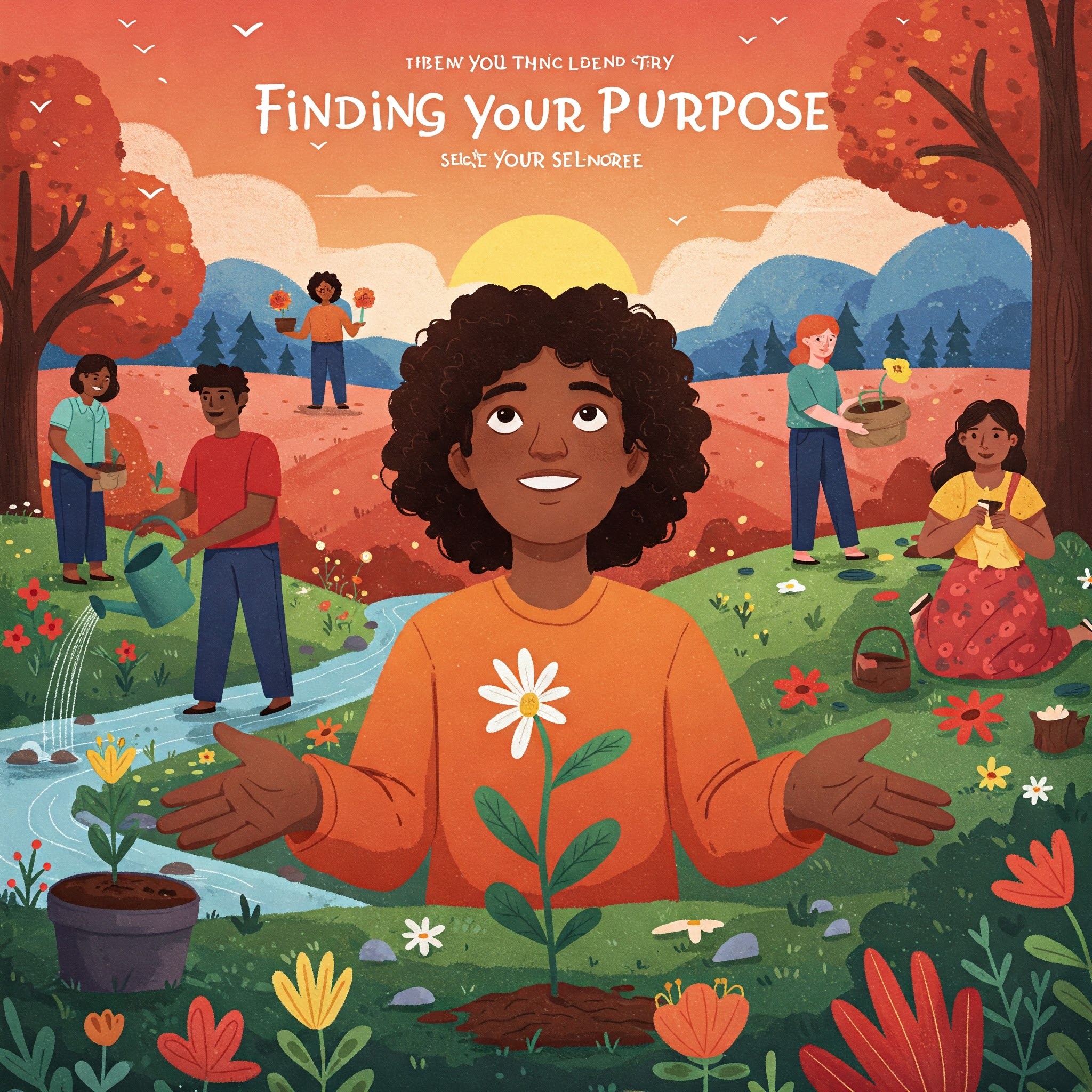 illustration on finding Your Purpose, about living in alignment with your purpose and serving others showing a female sitting in a gaden surrounded by otehrs checking out different job roles illustration on finding Your Purpose, about living in alignment with your purpose and serving others showing a female sitting in a gaden surrounded by otehrs checking out different job roles