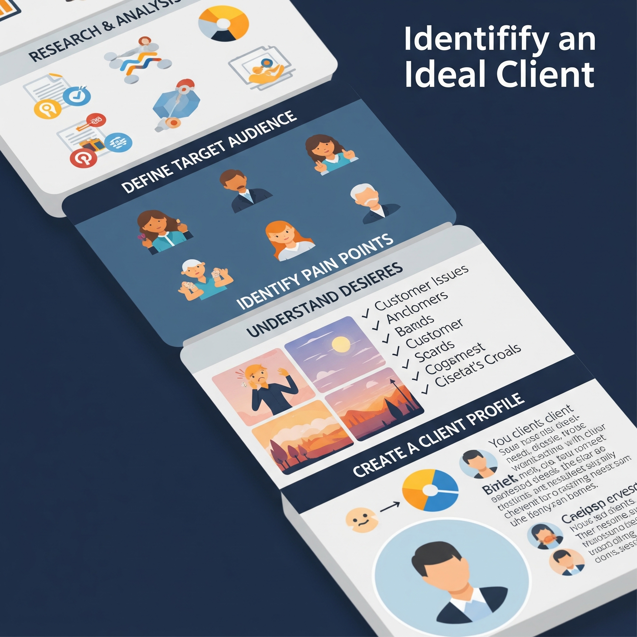 Infographic showing "Identify Ideal Client" process with steps like Research, Define Target Audience, Identify Pain Points, Understand Desires, and Create Client Profile. Infographic showing "Identify Ideal Client" process with steps like Research, Define Target Audience, Identify Pain Points, Understand Desires, and Create Client Profile.
