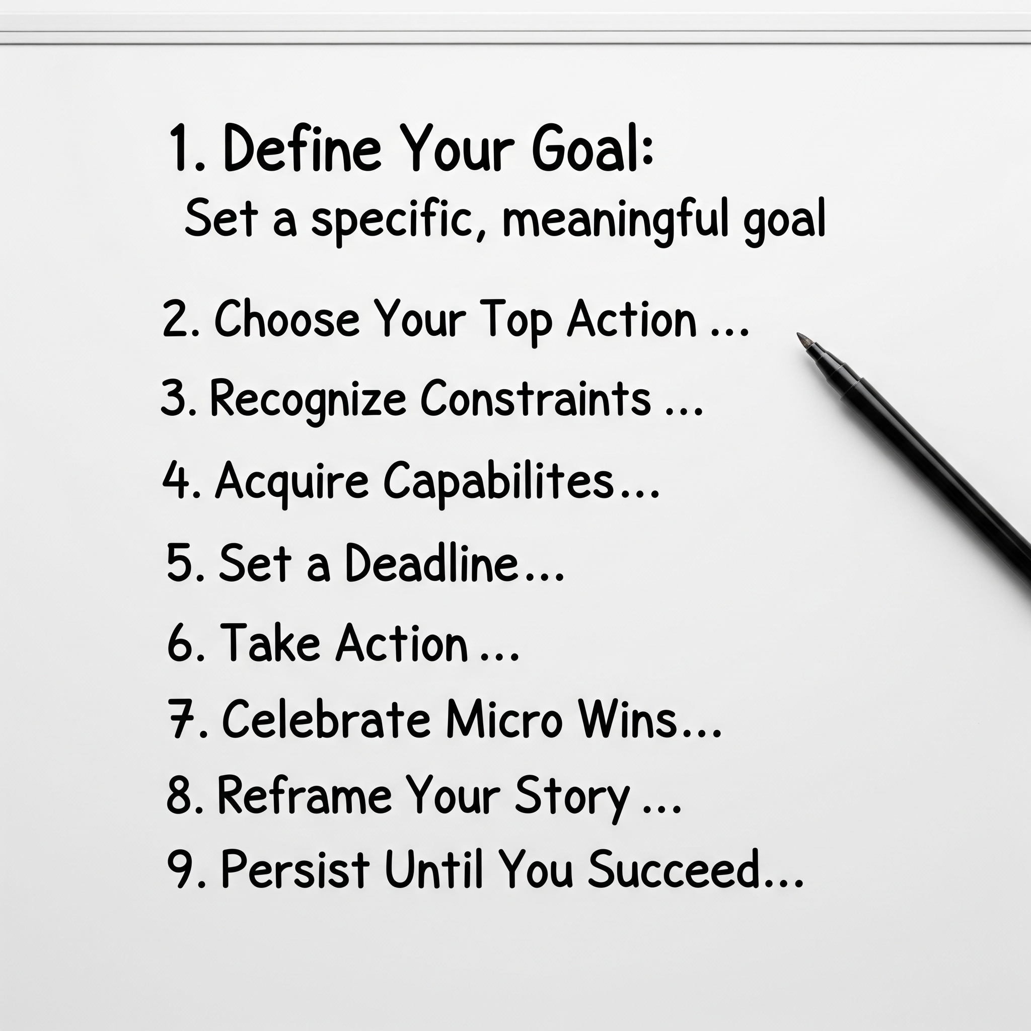 Whiteboard with 9 steps for goal achievement: Define Goal, Choose Top Action, Recognize Constraints, Acquire Capabilities, Set Deadline, Take Action, Celebrate Micro Wins, Reframe Story, Persist. Whiteboard with 9 steps for goal achievement: Define Goal, Choose Top Action, Recognize Constraints, Acquire Capabilities, Set Deadline, Take Action, Celebrate Micro Wins, Reframe Story, Persist.