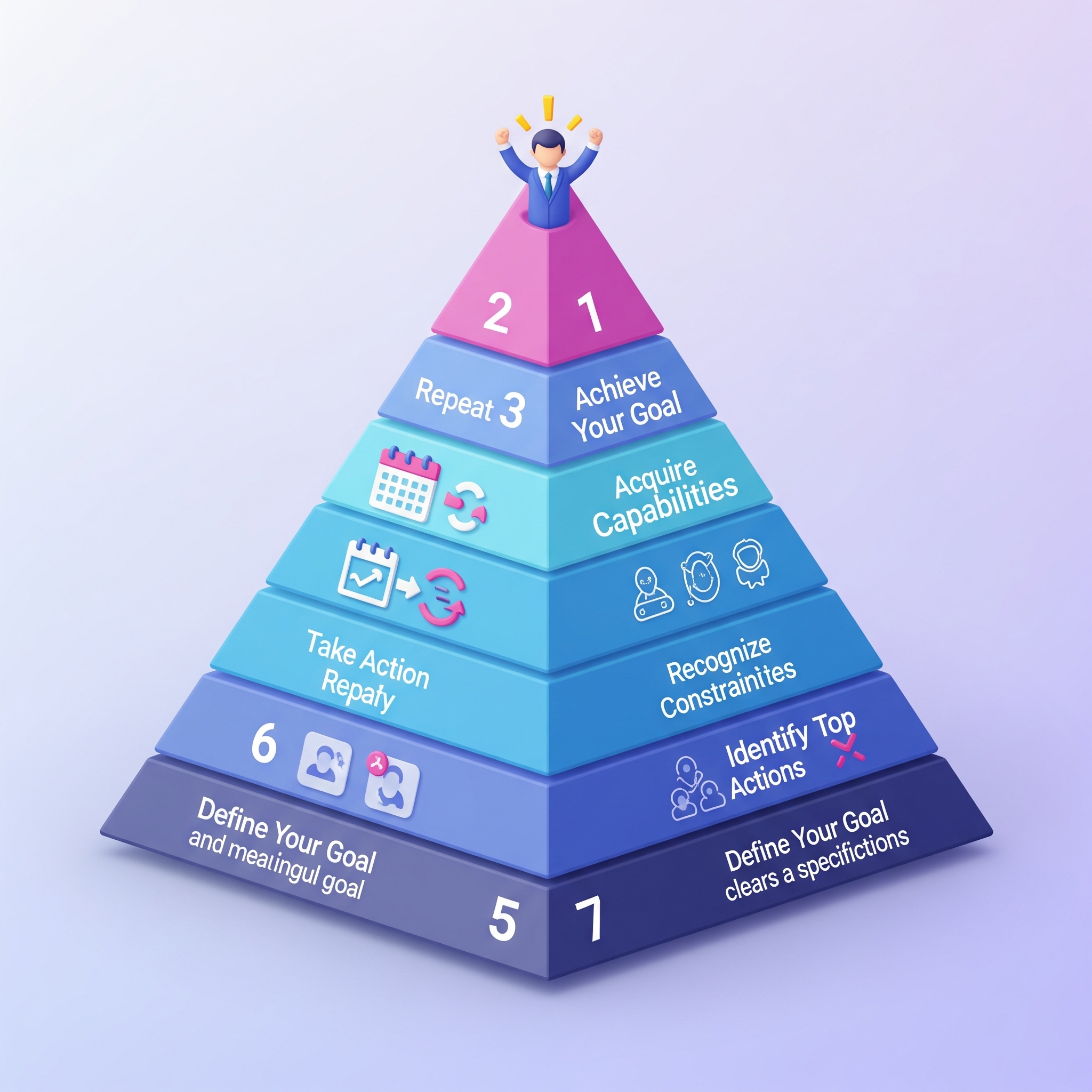 Pyramid diagram showing 9 steps for goal achievement: Define Goal, Top Action, Constraints, Capabilities, Deadline, Take Action, Micro Wins, Reframe Story, Persist Pyramid diagram showing 9 steps for goal achievement: Define Goal, Top Action, Constraints, Capabilities, Deadline, Take Action, Micro Wins, Reframe Story, Persist