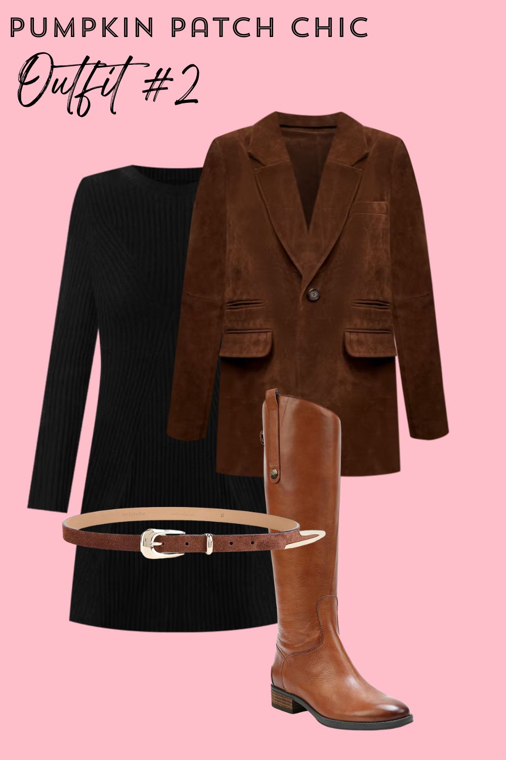 French-inspired pumpkin patch outfit for moms featuring a ribbed sweater dress, belt, and riding boots.