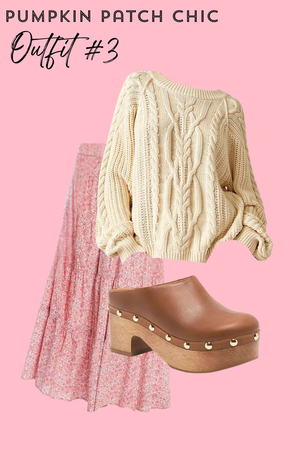 Cute fall outfit 2025 with floral midi skirt, knit cardigan, and clogs styled in French country fashion