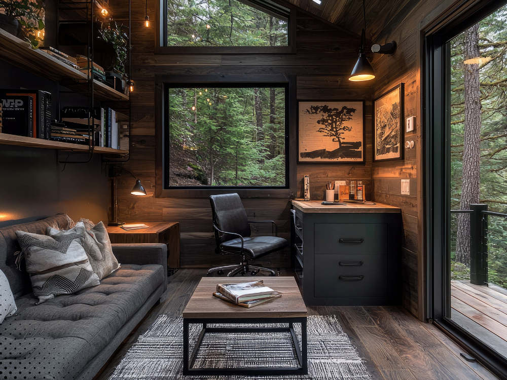 Cozy wood-paneled cabin office with forest views, gray sofa, and small desk. Cozy wood-paneled cabin office with forest views, gray sofa, and small desk.
