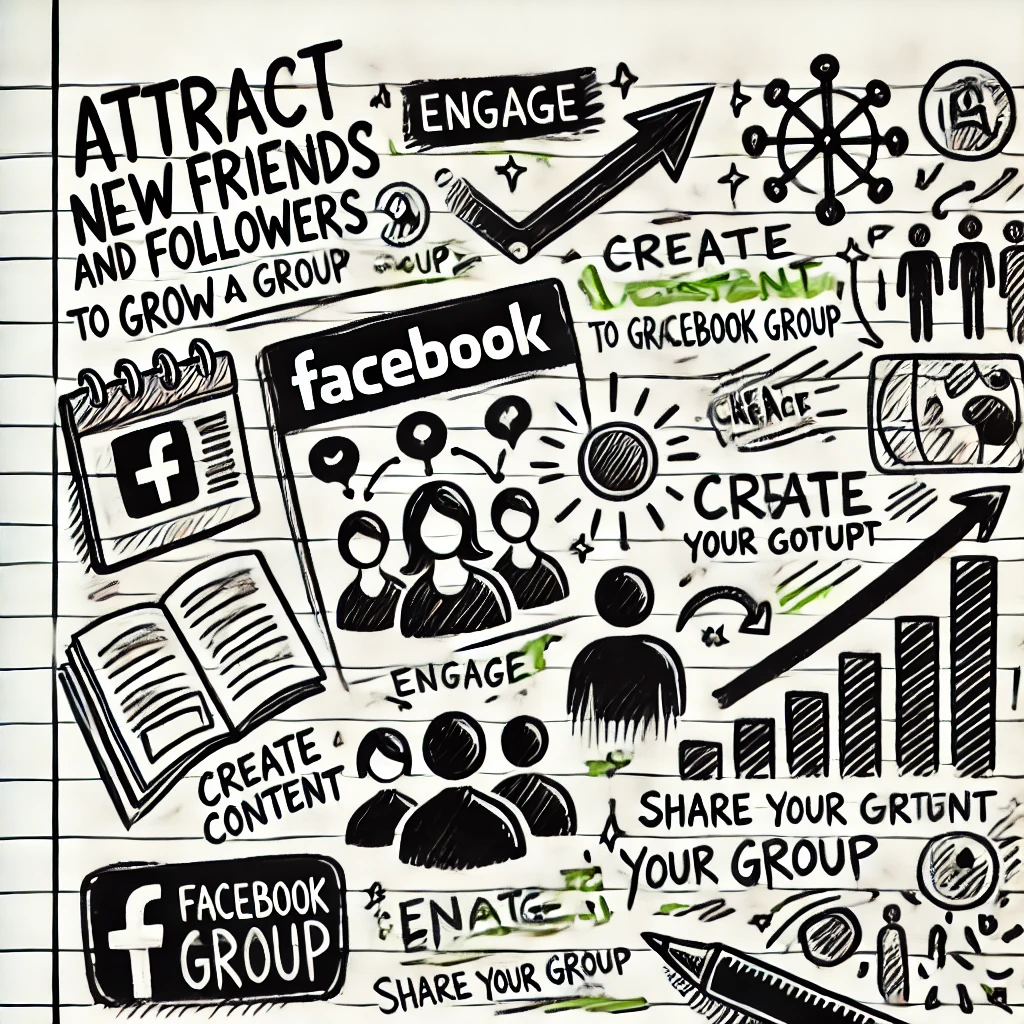 Note-style sketch in black, white, and green, illustrating the concept of attracting new friends and followers to grow a Facebook group, featuring hand-drawn icons of Facebook groups, arrows for growth, and highlights like 'Engage,' 'Create Content,' and 'Share Your Group.