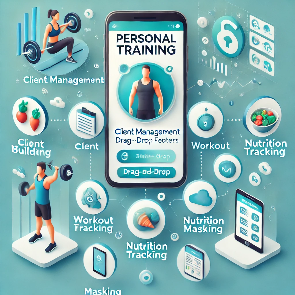 Graphic highlighting essential features in personal training apps, such as client management, workout builder, nutrition tracking, in-app messaging, and mobile accessibility, with icons and visuals representing each function. Graphic highlighting essential features in personal training apps, such as client management, workout builder, nutrition tracking, in-app messaging, and mobile accessibility, with icons and visuals representing each function.