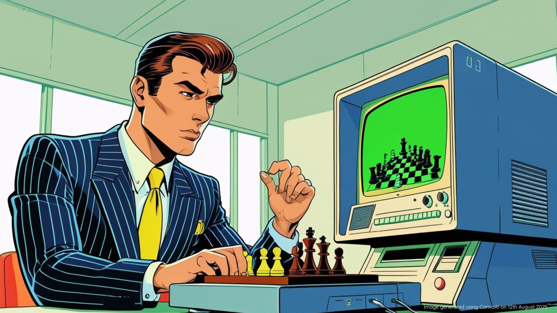 Cartoon image of a man playing chess against a computer using AI
