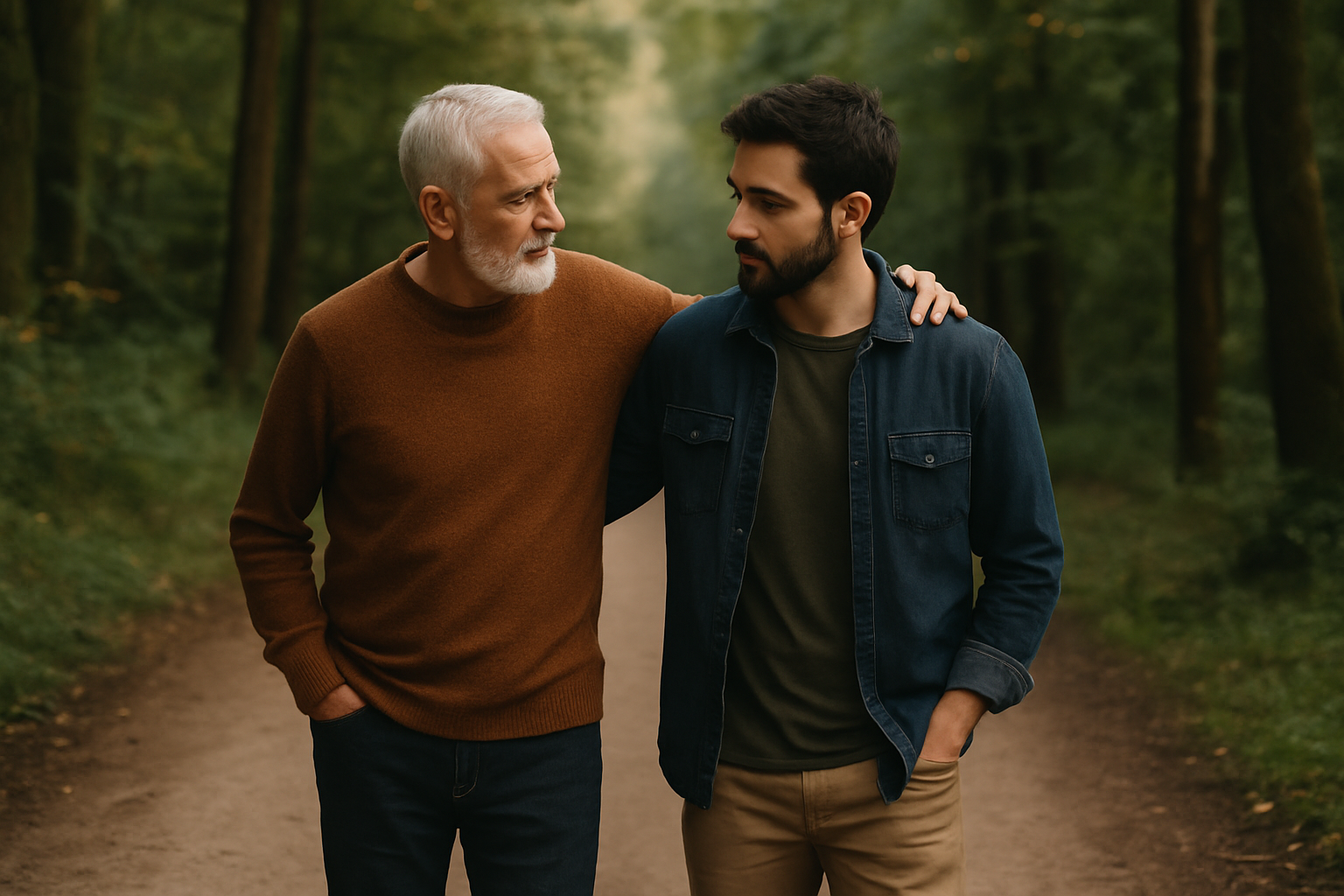 An older man with white hair and a beard walks alongside a younger man on a forest trail. The older man’s arm rests gently on the younger man’s shoulder as they share a meaningful gaze, surrounded by lush greenery and soft light. An older man with white hair and a beard walks alongside a younger man on a forest trail. The older man’s arm rests gently on the younger man’s shoulder as they share a meaningful gaze, surrounded by lush greenery and soft light.