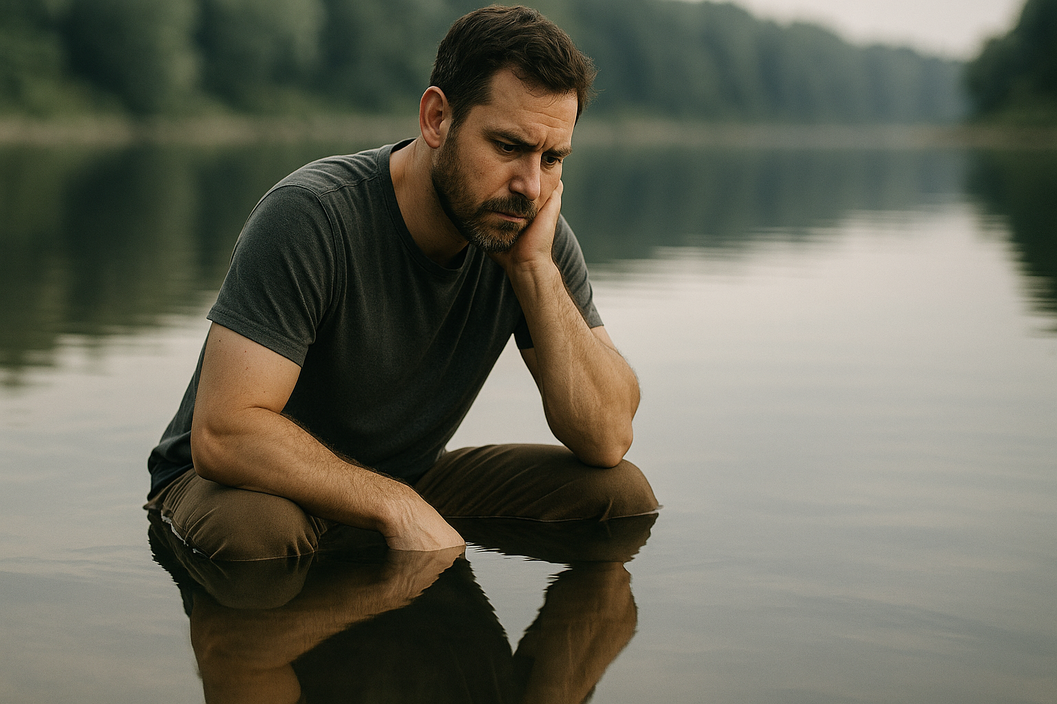 A light-skinned man with a beard crouches at the edge of a calm lake, gazing thoughtfully at his reflection in the water. Dressed in a charcoal t-shirt and brown pants, he appears introspective and contemplative, surrounded by soft greenery and stillness. A light-skinned man with a beard crouches at the edge of a calm lake, gazing thoughtfully at his reflection in the water. Dressed in a charcoal t-shirt and brown pants, he appears introspective and contemplative, surrounded by soft greenery and stillness.