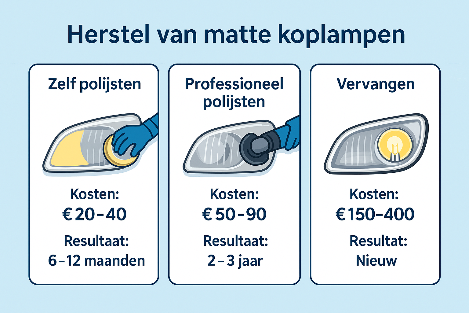 Infographic met vergelijking: Zelf polijsten – Professioneel – Vervangen 
