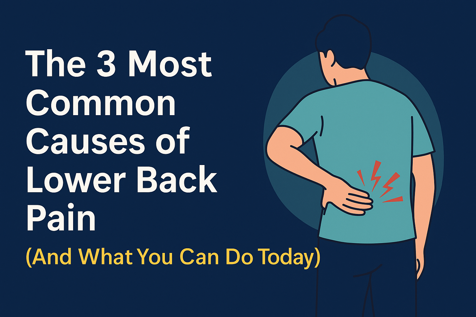 Illustration of person holding lower back in pain with article title 'The 3 Most Common Causes of Lower Back Pain' on navy background. Illustration of person holding lower back in pain with article title 'The 3 Most Common Causes of Lower Back Pain' on navy background.