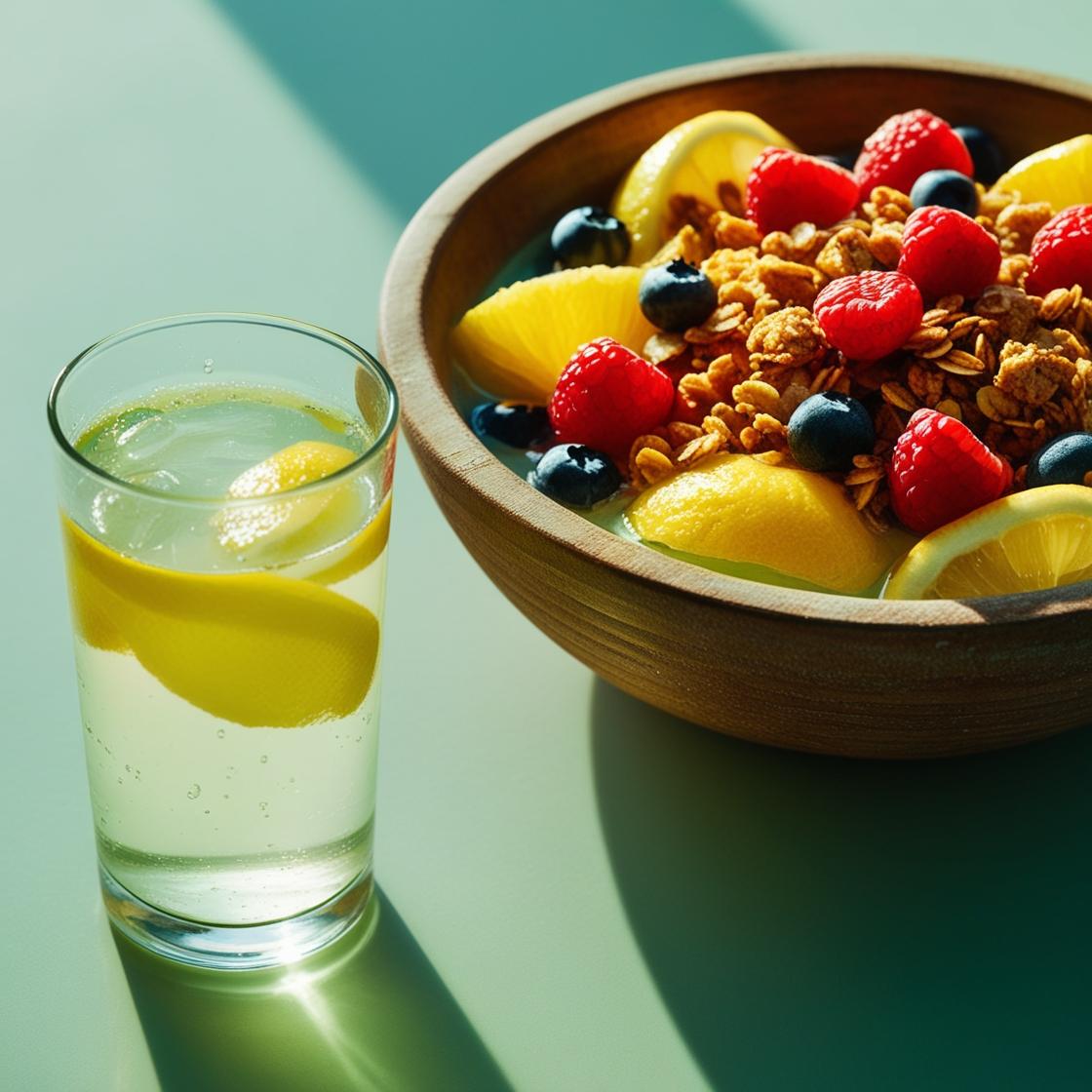 Hydration & Nourishment – A glass of lemon water next to a healthy breakfast bowl.