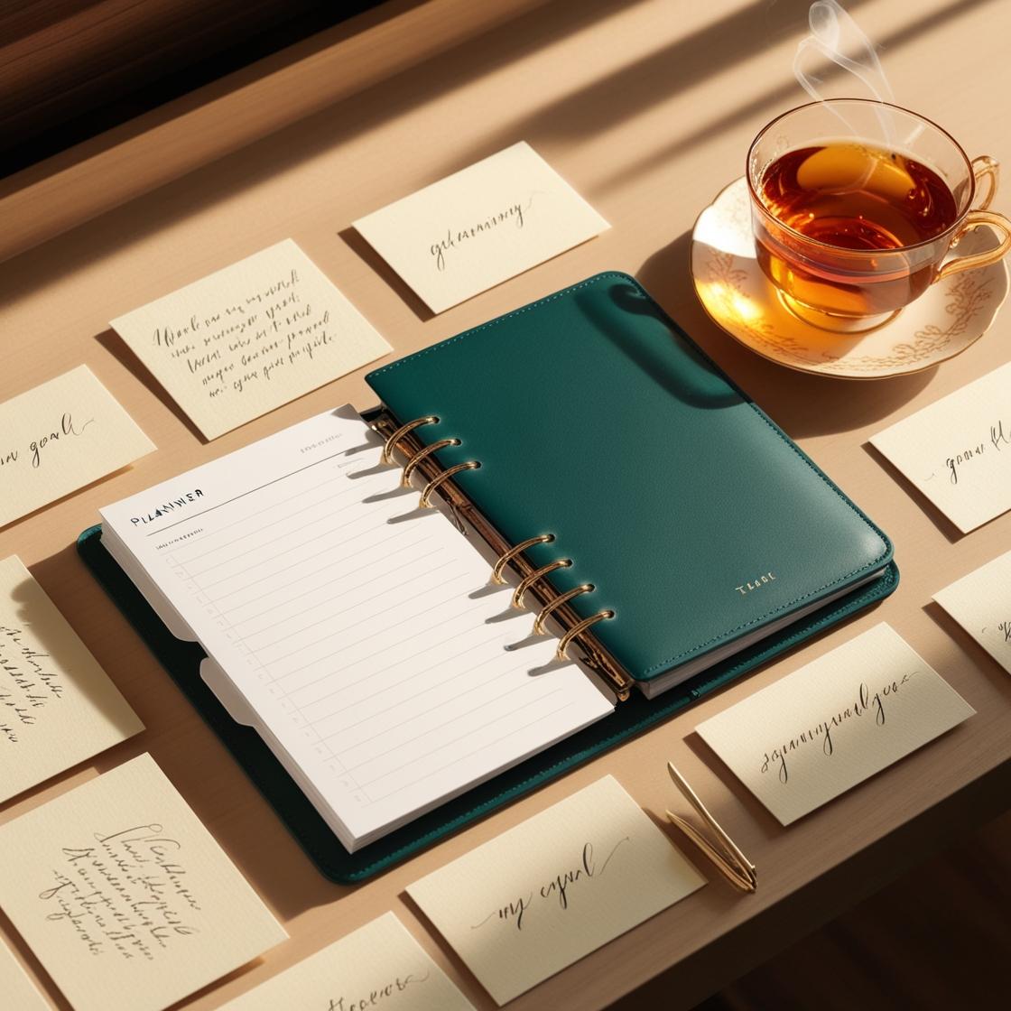 Setting Intentions – A desk with a planner, affirmations, and a cup of tea, symbolizing goal-setting.