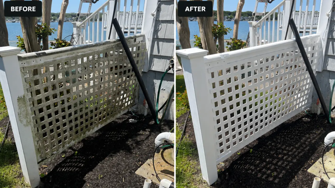 Vinyl fence cleaning in New Jersey showing algae removal
