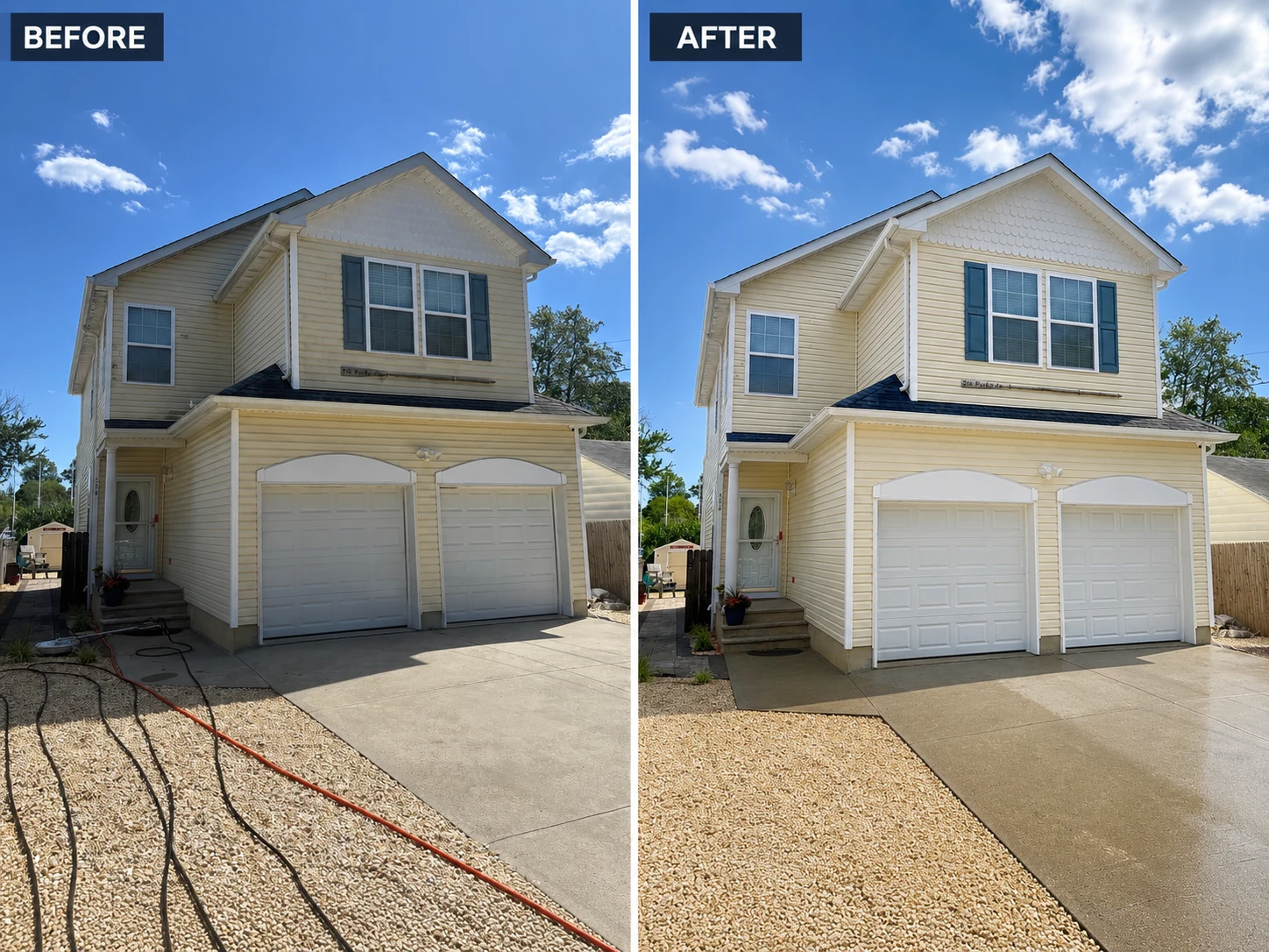 Before and after house washing results - algae and grime removed from siding
