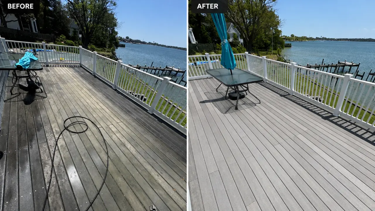 Professionally cleaned residential deck and patio in New Jersey