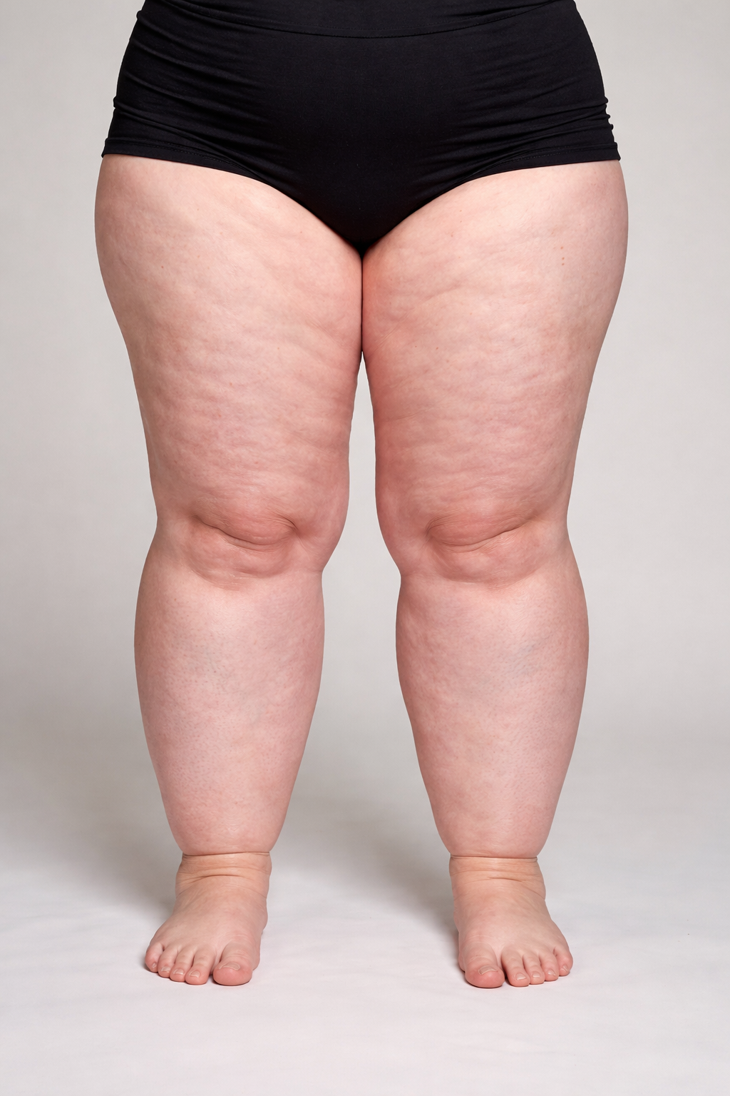 Medical photograph showing bilateral leg lipedema with ankle cuffing and symmetrical enlargement