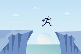 Stylized illustration of an insurance agent successfully jumping across a chasm, symbolizing the daring leap into adopting AI technology in the insurance industry.