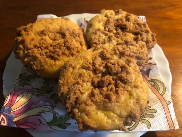 a plate with three rhubarb muffins