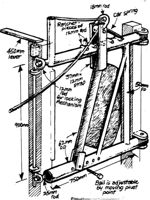 Simple timber headbail design showing open-front construction, gate mechanism, and rope control system for securing livestock. Simple timber headbail design showing open-front construction, gate mechanism, and rope control system for securing livestock.