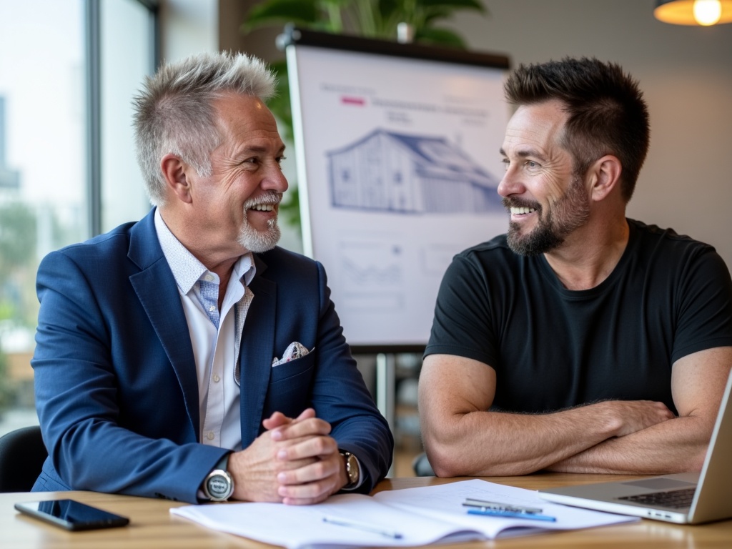 Business consultant meeting with roofing contractor to discuss automation strategy