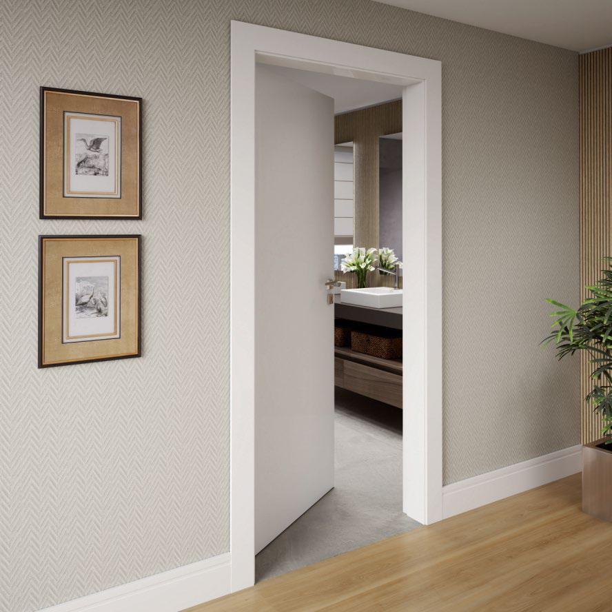 Interior de una habitación moderna con una puerta blanca de Famossul