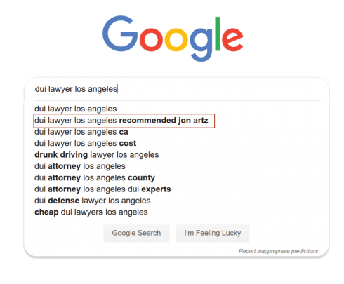 Google search bar showing autosuggest options for the query 'dui lawyer los angeles,' with suggestions including 'dui lawyer los angeles recommended jon artz,' 'dui lawyer los angeles ca,' and other related search phrases. Below the suggestions, there are buttons for 'Google Search' and 'I'm Feeling Lucky. Google search bar showing autosuggest options for the query 'dui lawyer los angeles,' with suggestions including 'dui lawyer los angeles recommended jon artz,' 'dui lawyer los angeles ca,' and other related search phrases. Below the suggestions, there are buttons for 'Google Search' and 'I'm Feeling Lucky.