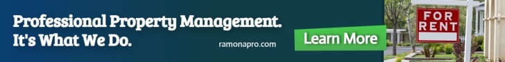 728 x 90 banner ad for Ramona Property Managers, Inc. showing a For Rent sign in the front yard of a cottage style home. 