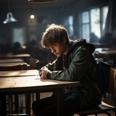 Teen sitting alone in school.