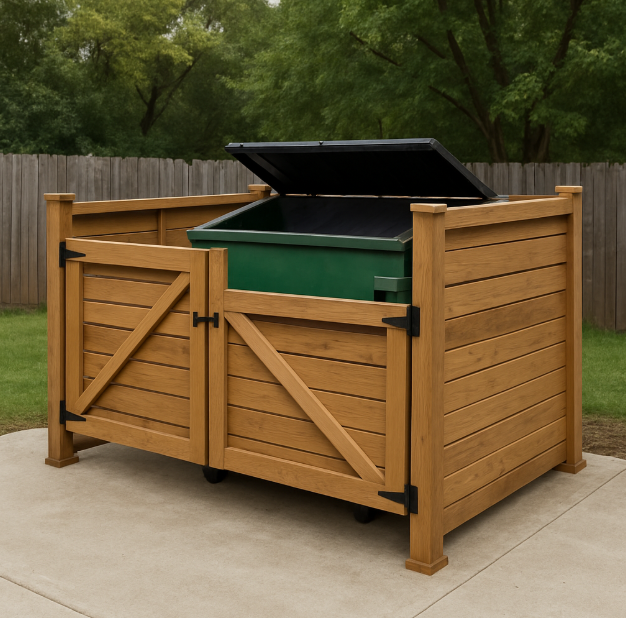 Custom-built wooden dumpster enclosure designed for commercial properties in Rockford IL