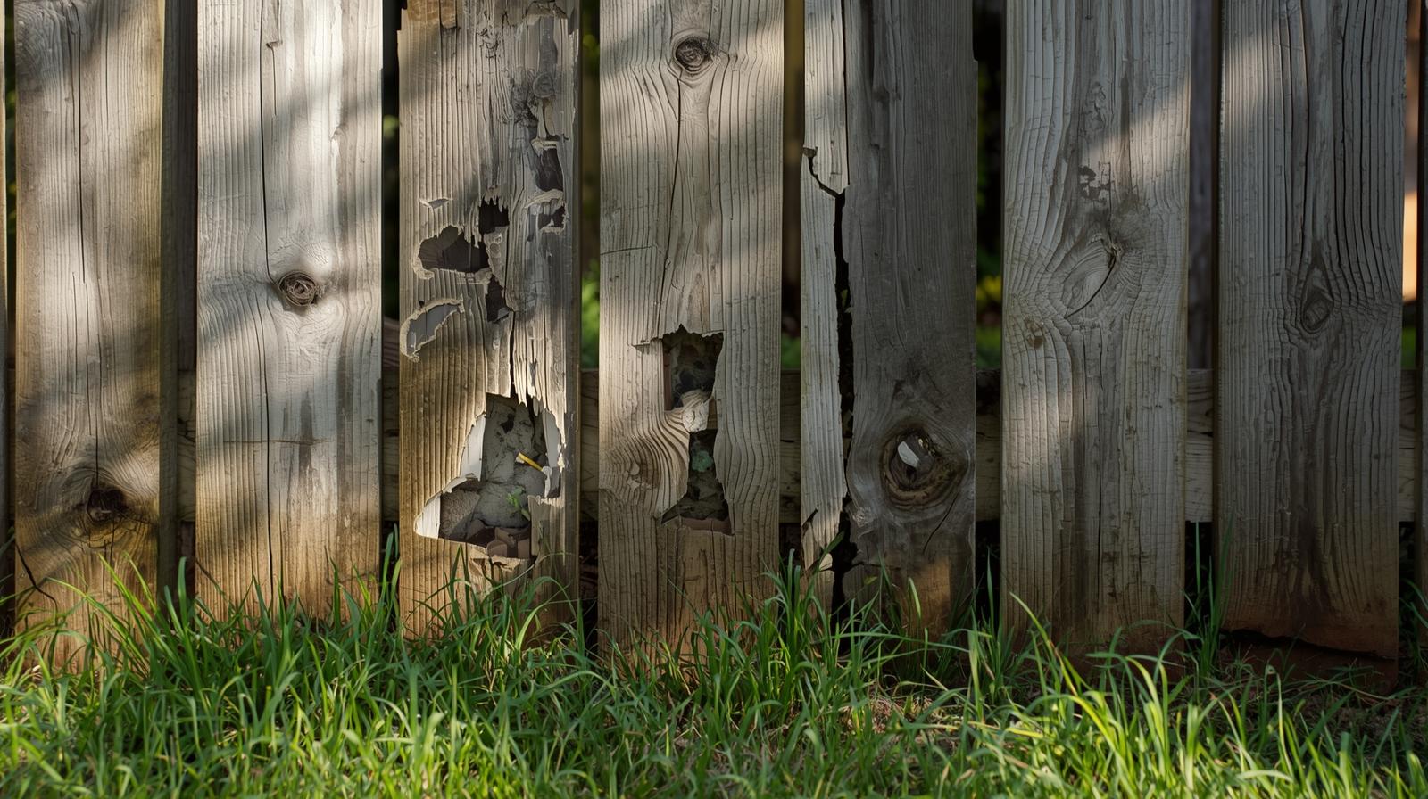 Aging and damaged fence showing signs of replacement at a Northern Illinois home Aging and damaged fence showing signs of replacement at a Northern Illinois home