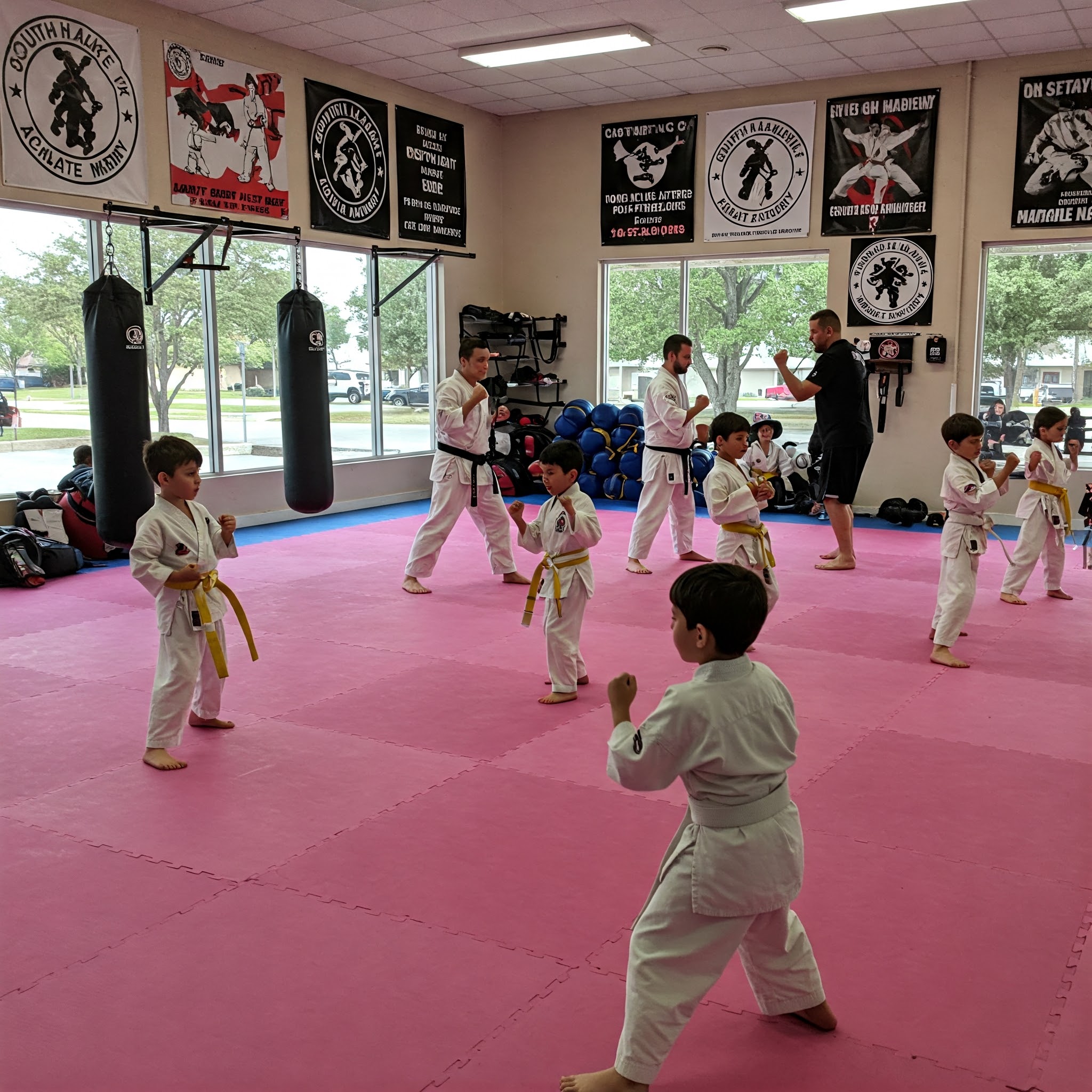 a vibrant indoor martial arts dojo showcases a diverse group of children in bright uniforms engaged in focused training, surrounded by modern equipment and motivational banners reflecting the south lake karate academy's commitment to discipline and community empowerment. a vibrant indoor martial arts dojo showcases a diverse group of children in bright uniforms engaged in focused training, surrounded by modern equipment and motivational banners reflecting the south lake karate academy's commitment to discipline and community empowerment.