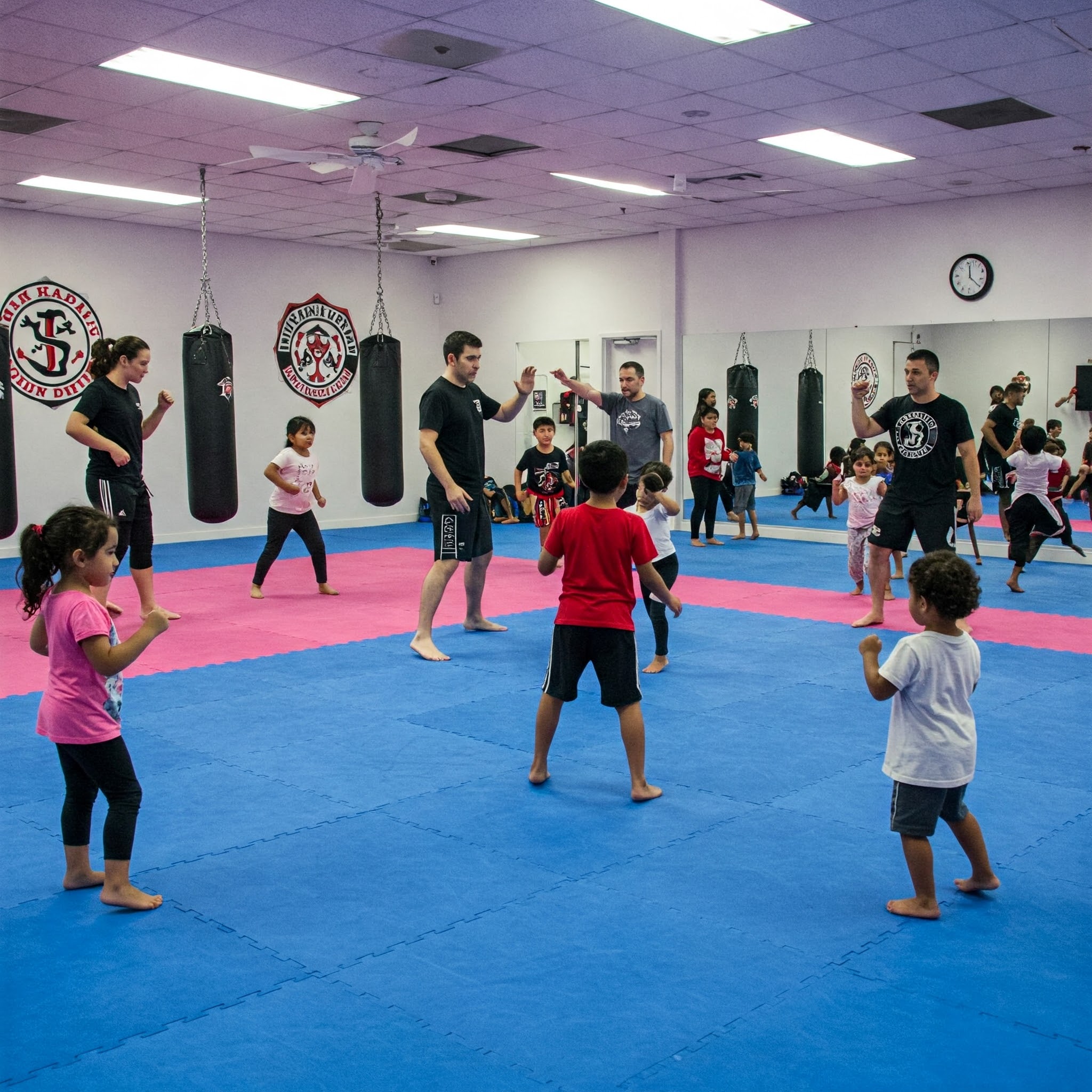 a vibrant martial arts studio in clermont, florida is filled with engaged children and their parents participating in a dynamic class, showcasing structured learning through interactive demonstrations and gamified activities within a safe and supportive environment. a vibrant martial arts studio in clermont, florida is filled with engaged children and their parents participating in a dynamic class, showcasing structured learning through interactive demonstrations and gamified activities within a safe and supportive environment.