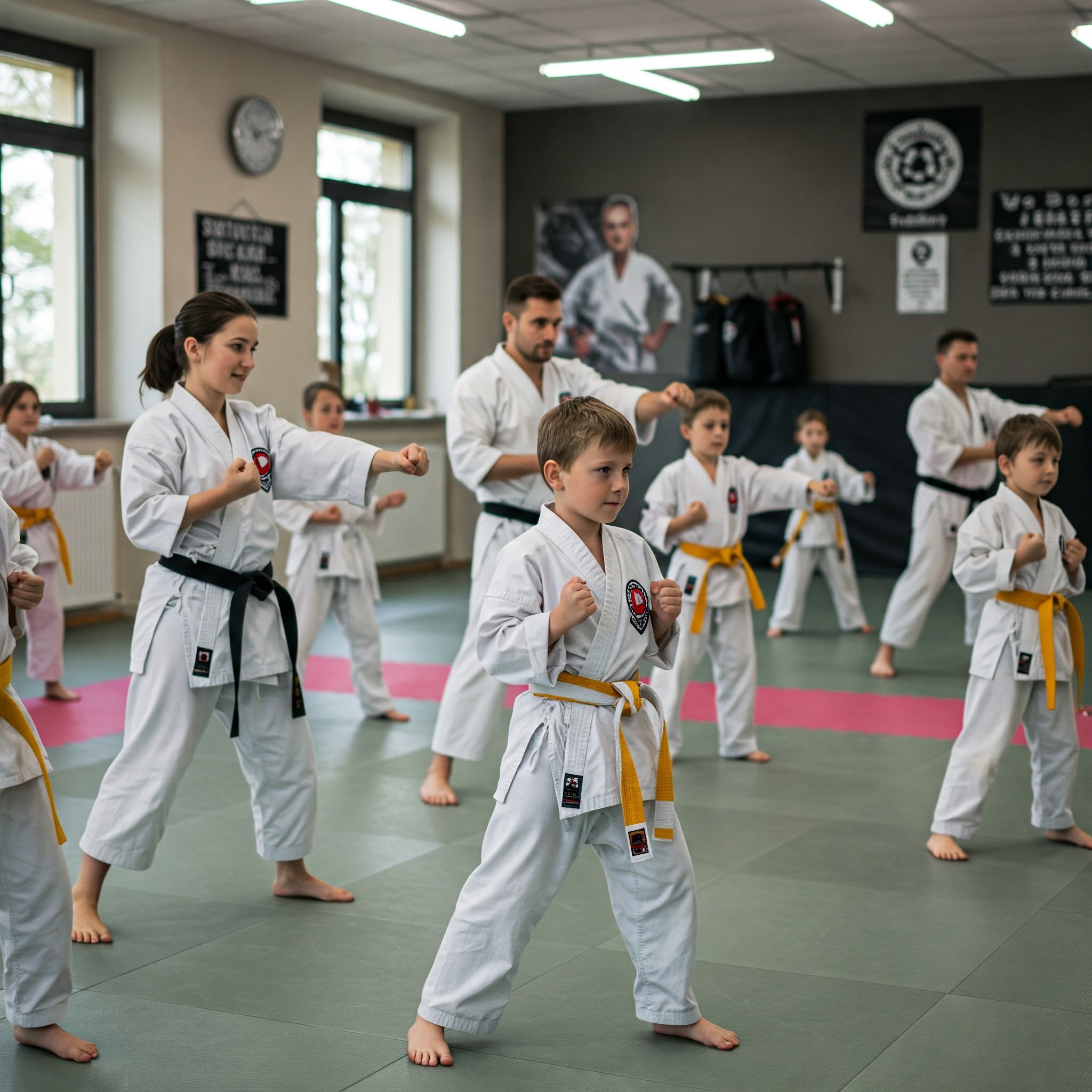 a dynamic martial arts classroom filled with enthusiastic children aged 6 to 12 practicing karate techniques under the watchful eye of certified instructors, emphasizing a structured and supportive learning environment. a dynamic martial arts classroom filled with enthusiastic children aged 6 to 12 practicing karate techniques under the watchful eye of certified instructors, emphasizing a structured and supportive learning environment.