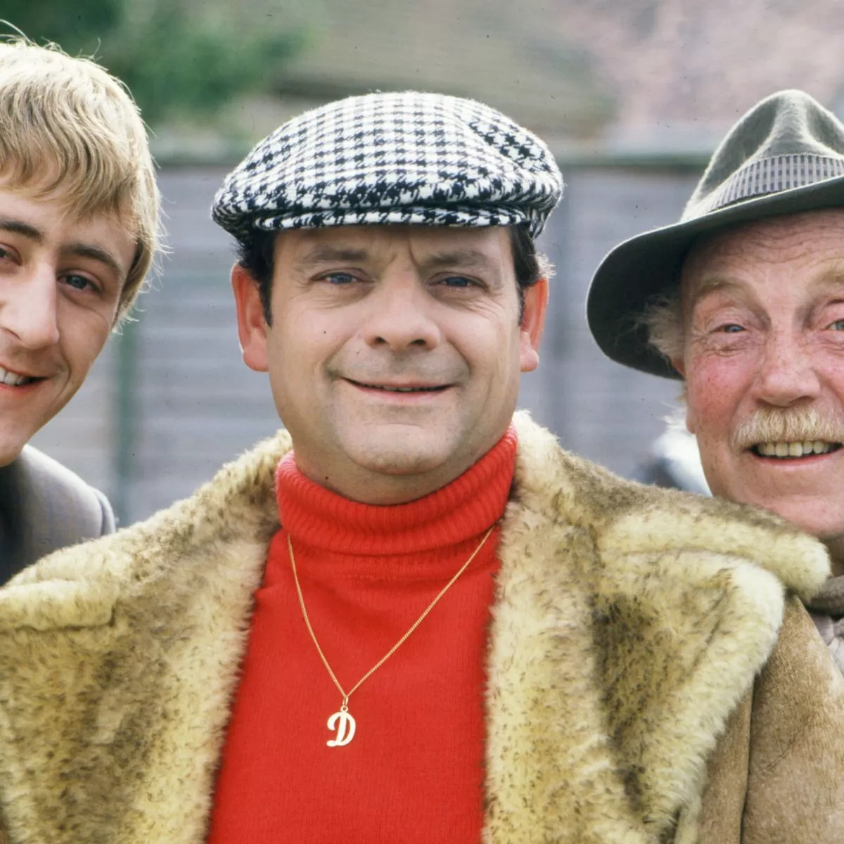 Del Boy, Rodney, and Uncle Albert in front of the yellow three wheeler van from Only Fools and Horses Del Boy, Rodney, and Uncle Albert in front of the yellow three wheeler van from Only Fools and Horses