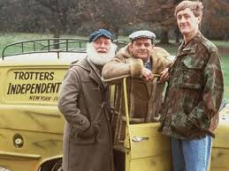 Rodney, Del and Uncle Albert from Only Fools and Horses standing in front of the three wheeled van which has Trotters Independent Traders on it. Rodney, Del and Uncle Albert from Only Fools and Horses standing in front of the three wheeled van which has Trotters Independent Traders on it.