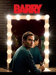 Image of the character Barry looking over his shoulder in front of a brightly lit (showbiz) mirror Image of the character Barry looking over his shoulder in front of a brightly lit (showbiz) mirror