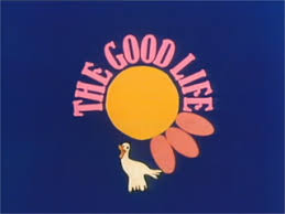 Still of the opening titles of The Good Life. A bird is circling a a flower with the title of the show displayed.