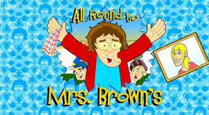Still from opening credits of All Round to Mrs Brown's with a cartoon Agnes Brown bursting through the wall.