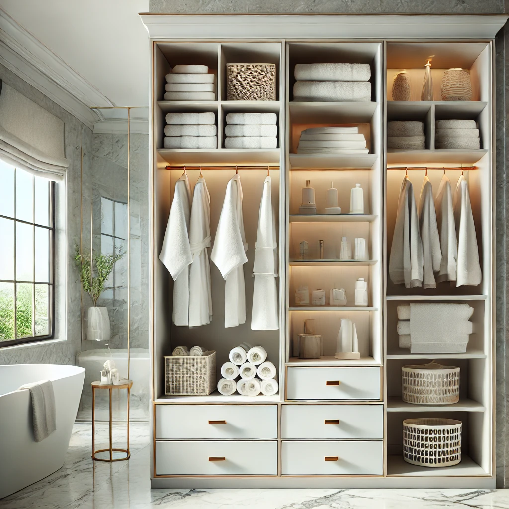 a linen cabinet inside the bathroom