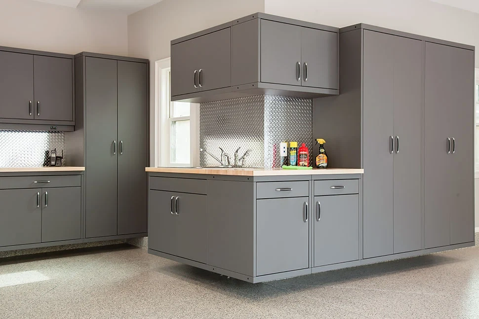 a garage cabinet with countertops
