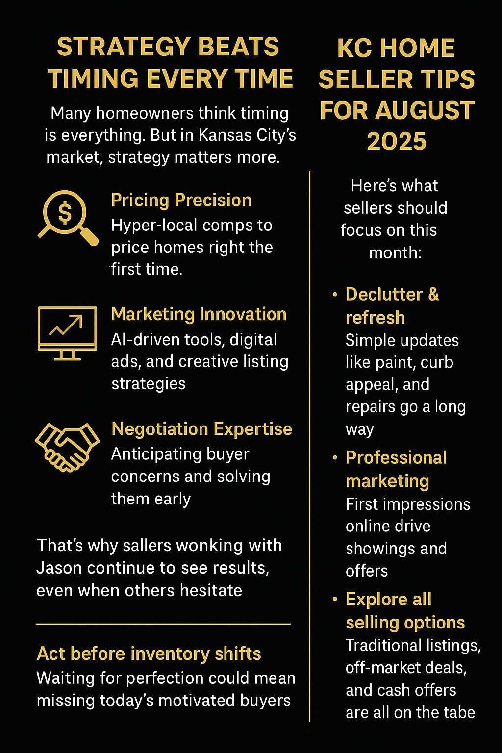 Kansas City home selling strategies and tips for August 2025 in black and yellow design. Kansas City home selling strategies and tips for August 2025 in black and yellow design.