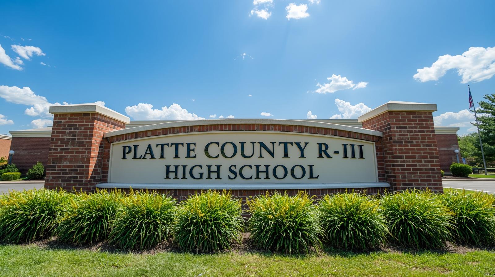 Platte County R-III High School entrance sign in Kansas City Northland, showcasing the top-rated school district that serves luxury homes and family-friendly neighborhoods in Platte County, Missouri.