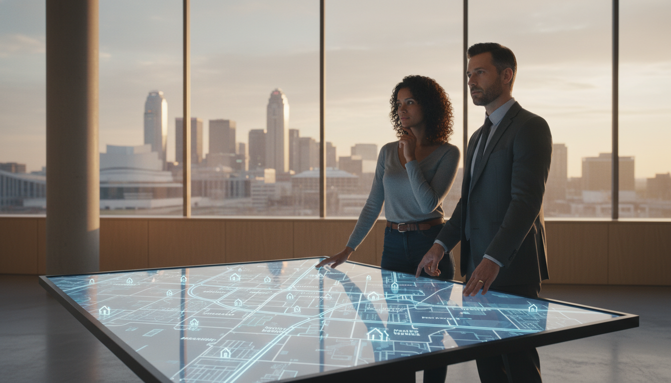 Real estate professionals analyzing Kansas City neighborhoods on a digital property map